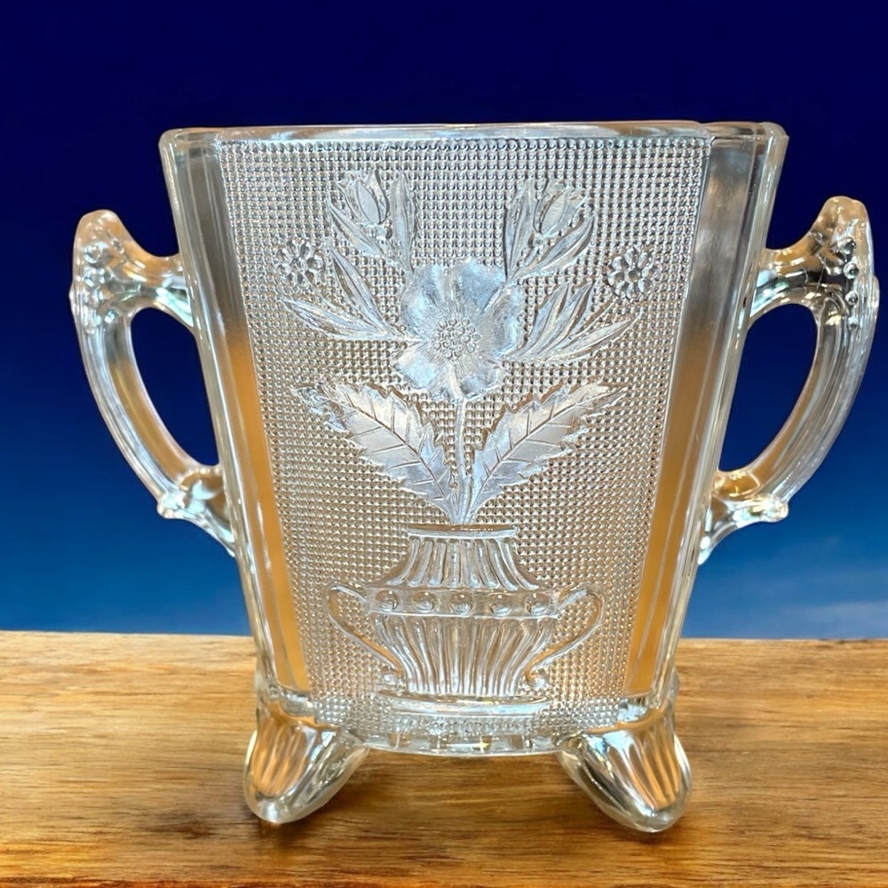 EAPG Co-op, Flint Glass Co sugar bowl, missing lid, Antique 1880, Floral